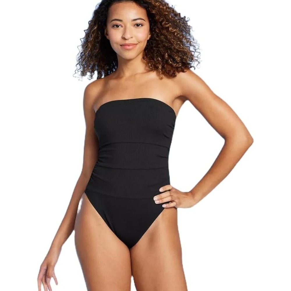 Shade & Shore NWT Black Ribbed Bandeau One Piece Swimsuit Ruched - Size Small